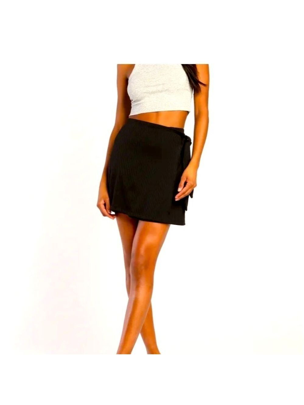 NWT Lulus Black Faux Wrap Ribbed Mini Skirt